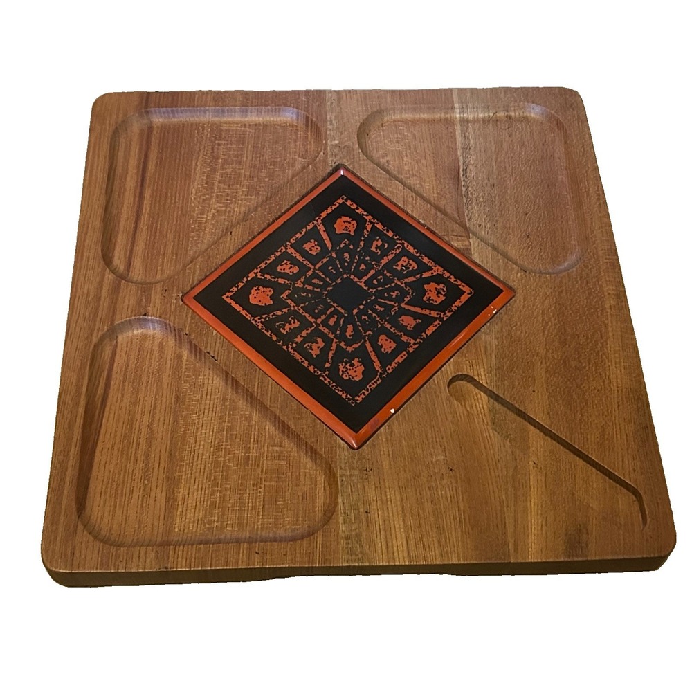 Vtg Hand Carved Hardwood 10" sq Serving Tray 4 1/4" Ceramic Tile Inlay JAPAN
